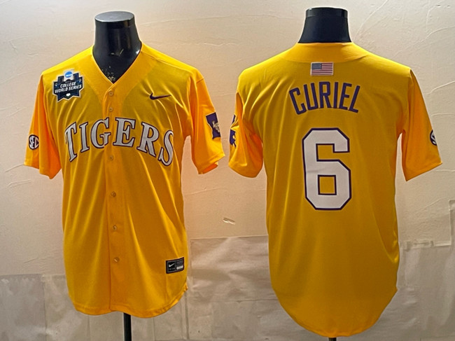 Men's LSU Tigers #6 Derek Curiel Gold 2025 World Series & SEC Patch Stitched Baseball Jersey